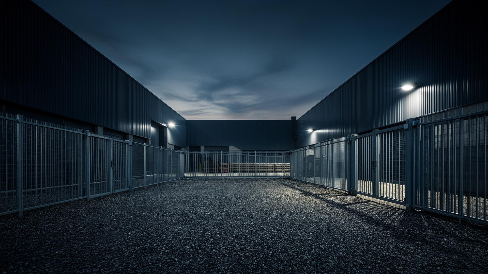 Secure industrial trailer parking facility at dusk
